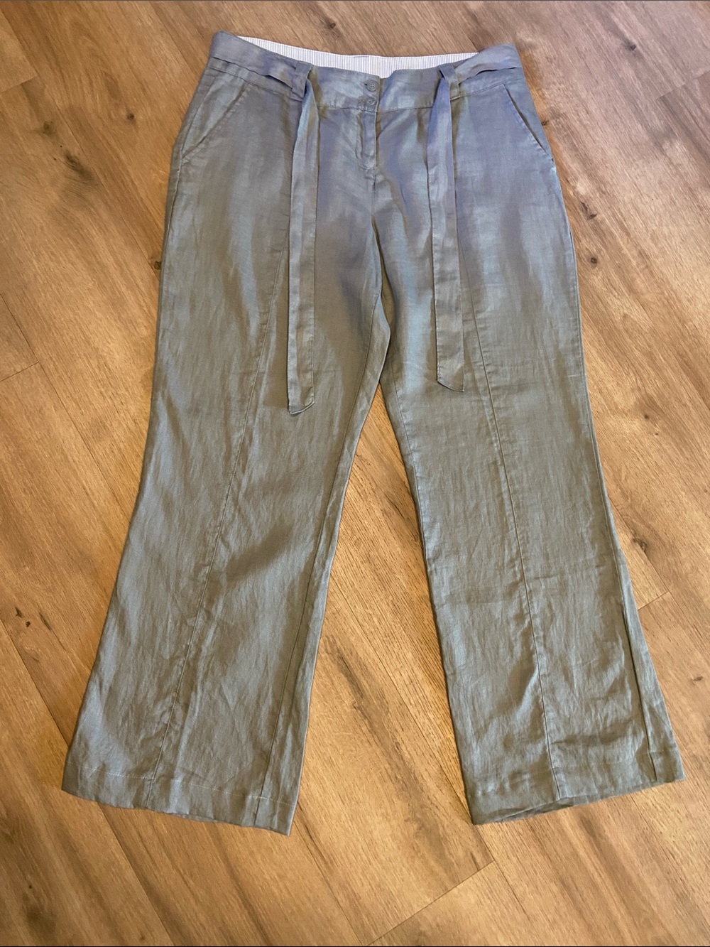 Willi Smith 100% Linen Wide Leg Pants Size L Gray Tie Belt Coastal Quiet Luxury